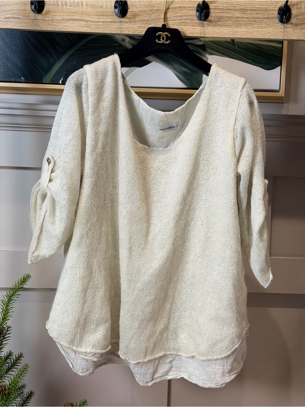 Nina Kendosa cream top Crinkle Cotton Tunic Top Boho Paris 3/4 Sleeve L
